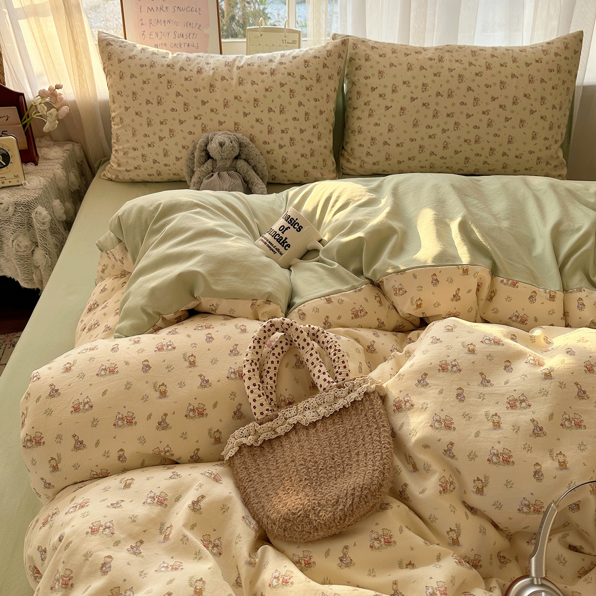 91家纺网 家纺一手货源 找家纺 初夏家纺 2026 古法仿棉水洗四件套A类被罩床单三件套床上用品卡通可爱【提供买家秀】 森林小伙伴