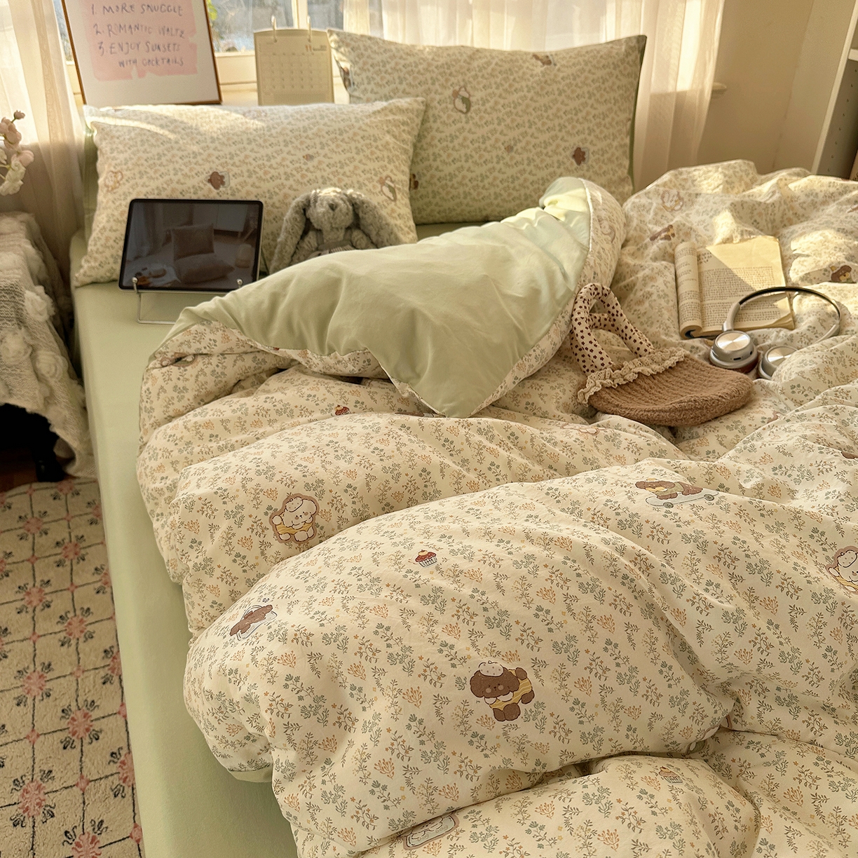 91家纺网 家纺一手货源 找家纺 初夏家纺 2026 古法仿棉水洗四件套A类被罩床单三件套床上用品卡通可爱【提供买家秀】 碎花狗