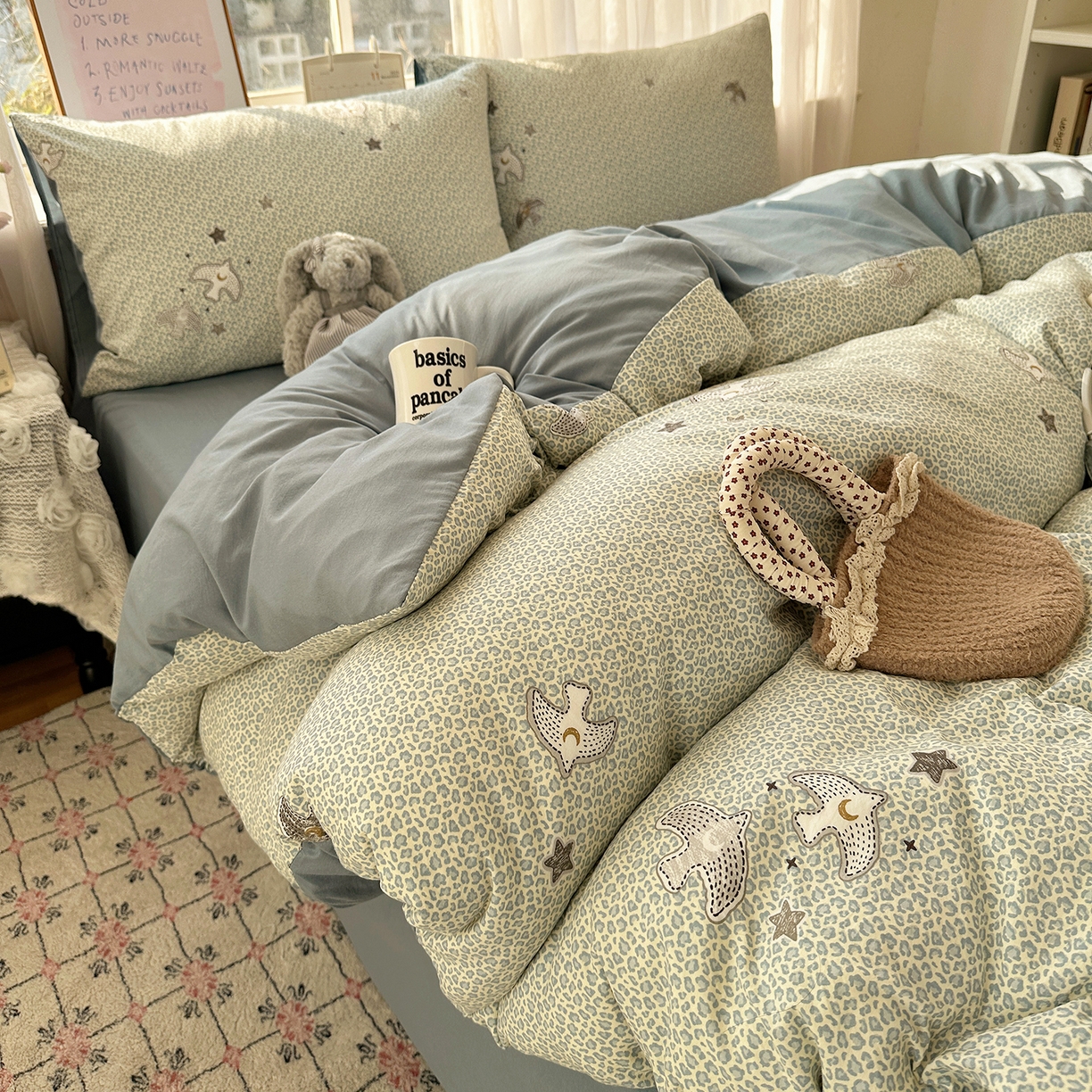 91家纺网 家纺一手货源 找家纺 初夏家纺 2026 古法仿棉水洗四件套A类被罩床单三件套床上用品卡通可爱【提供买家秀】 和平鸽