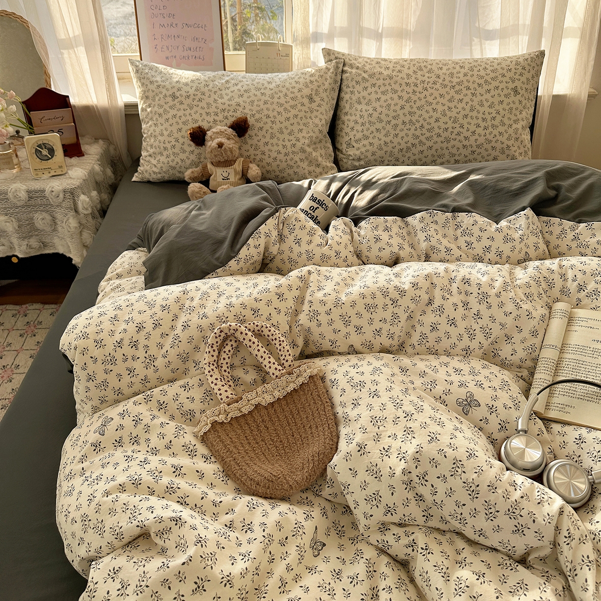 91家纺网 家纺一手货源 找家纺 初夏家纺 2026 古法仿棉水洗四件套A类被罩床单三件套床上用品卡通可爱【提供买家秀】 蝶舞