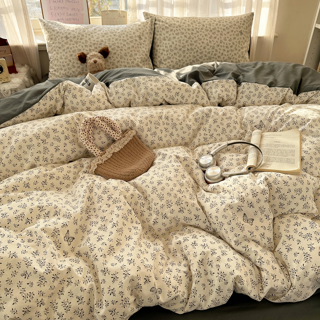 91家纺网 家纺一手货源 找家纺 初夏家纺 2026 古法仿棉水洗四件套A类被罩床单三件套床上用品卡通可爱【提供买家秀】 蝶舞