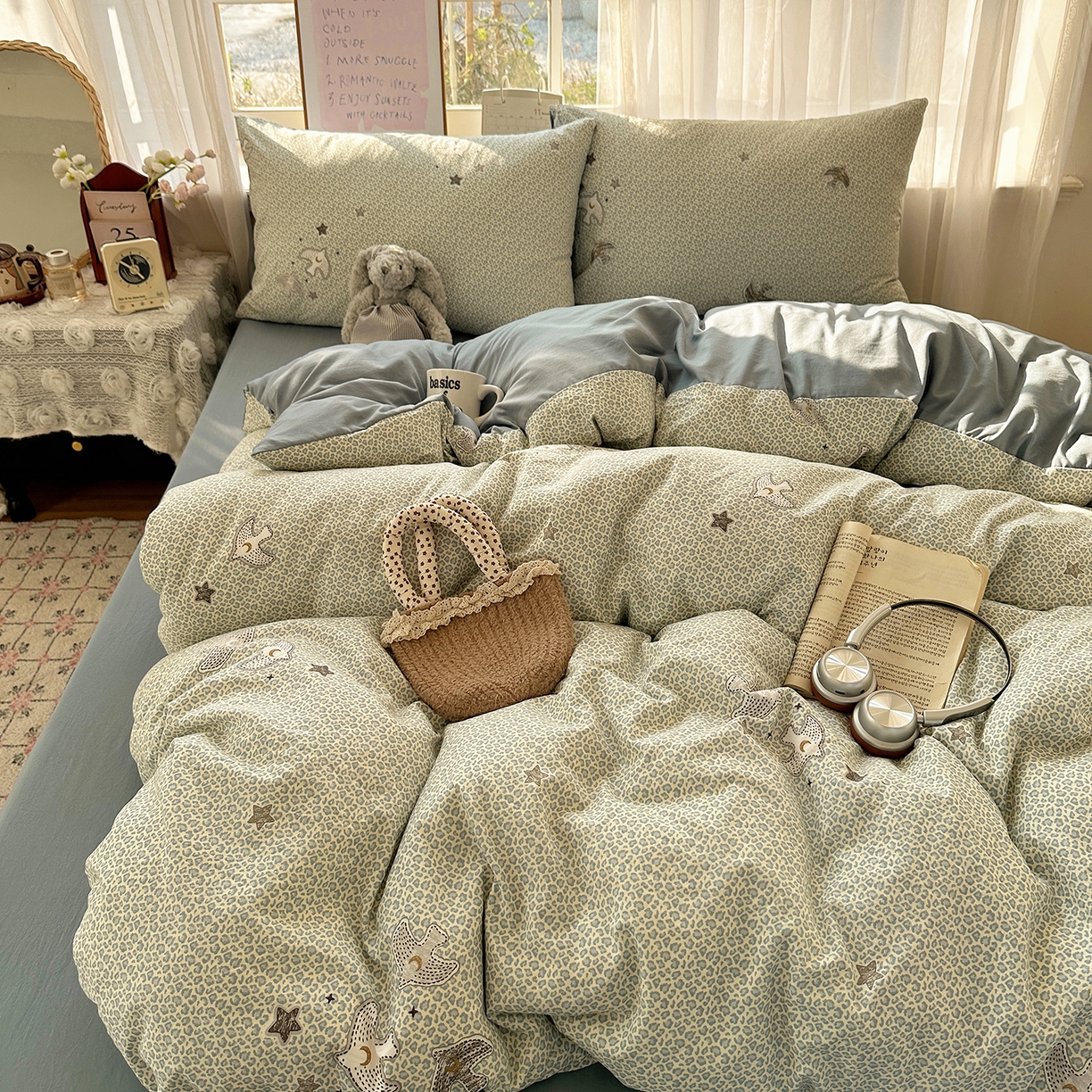 91家纺网 家纺一手货源 找家纺 初夏家纺 2026 古法仿棉水洗四件套A类被罩床单三件套床上用品卡通可爱【提供买家秀】 和平鸽