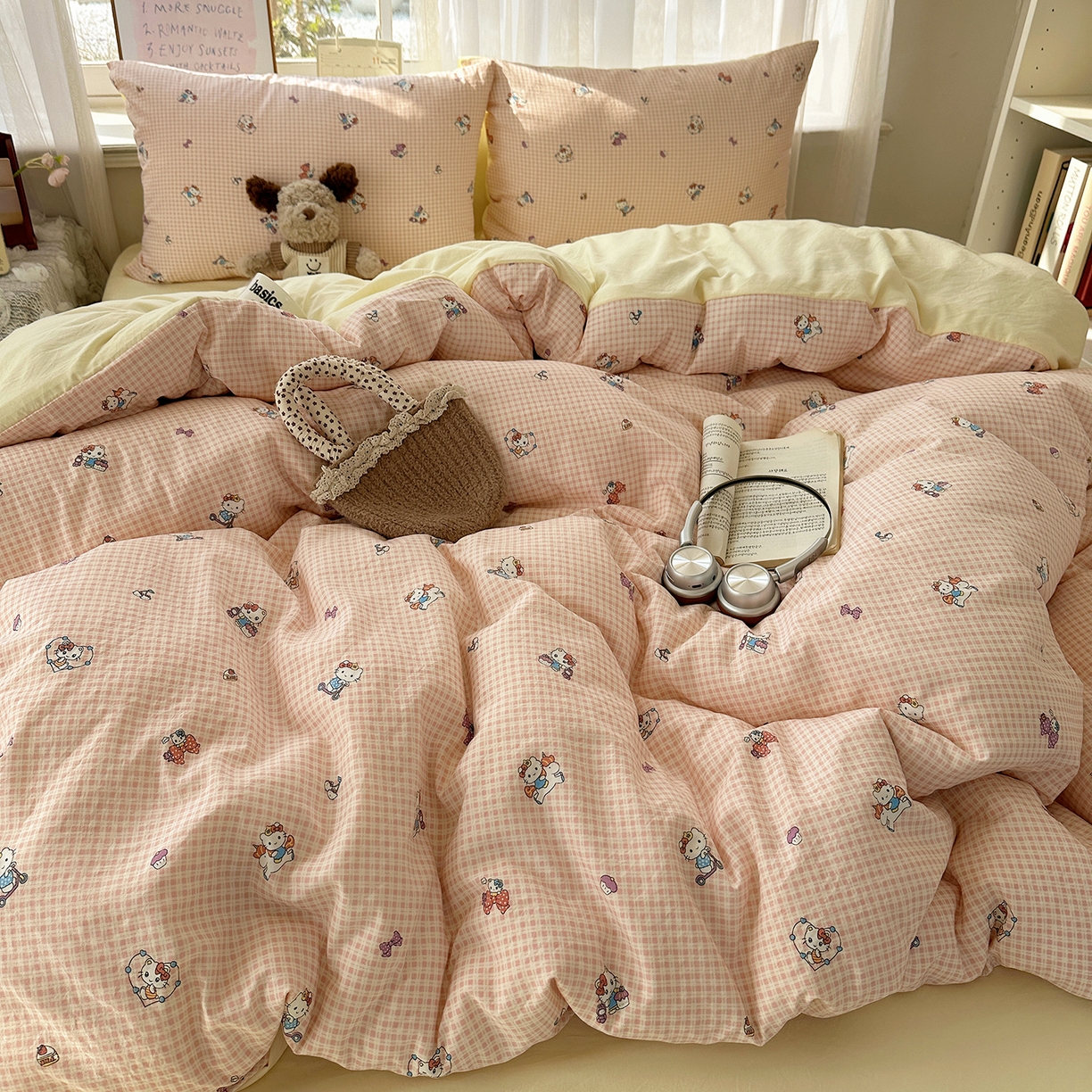 91家纺网 家纺一手货源 找家纺 初夏家纺 2026 古法仿棉水洗四件套A类被罩床单三件套床上用品卡通可爱【提供买家秀】 格恋KT猫