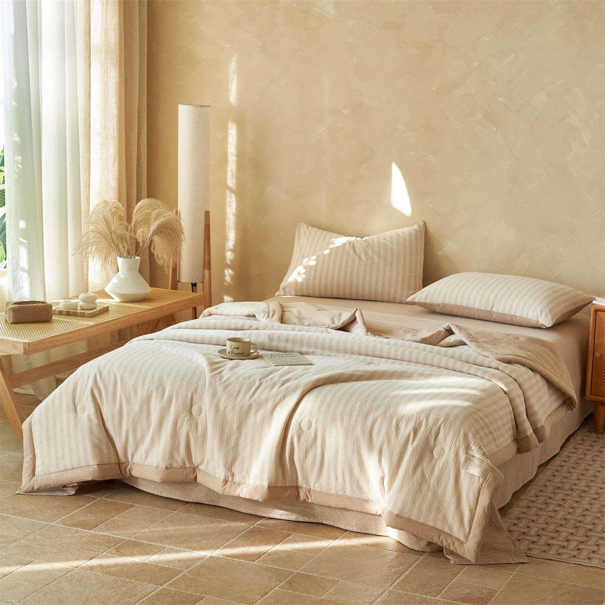 91家纺网 家纺一手货源 找家纺 恒爱家纺 2026新款A类色织全棉水洗夏被四件套 NLS乐事-米