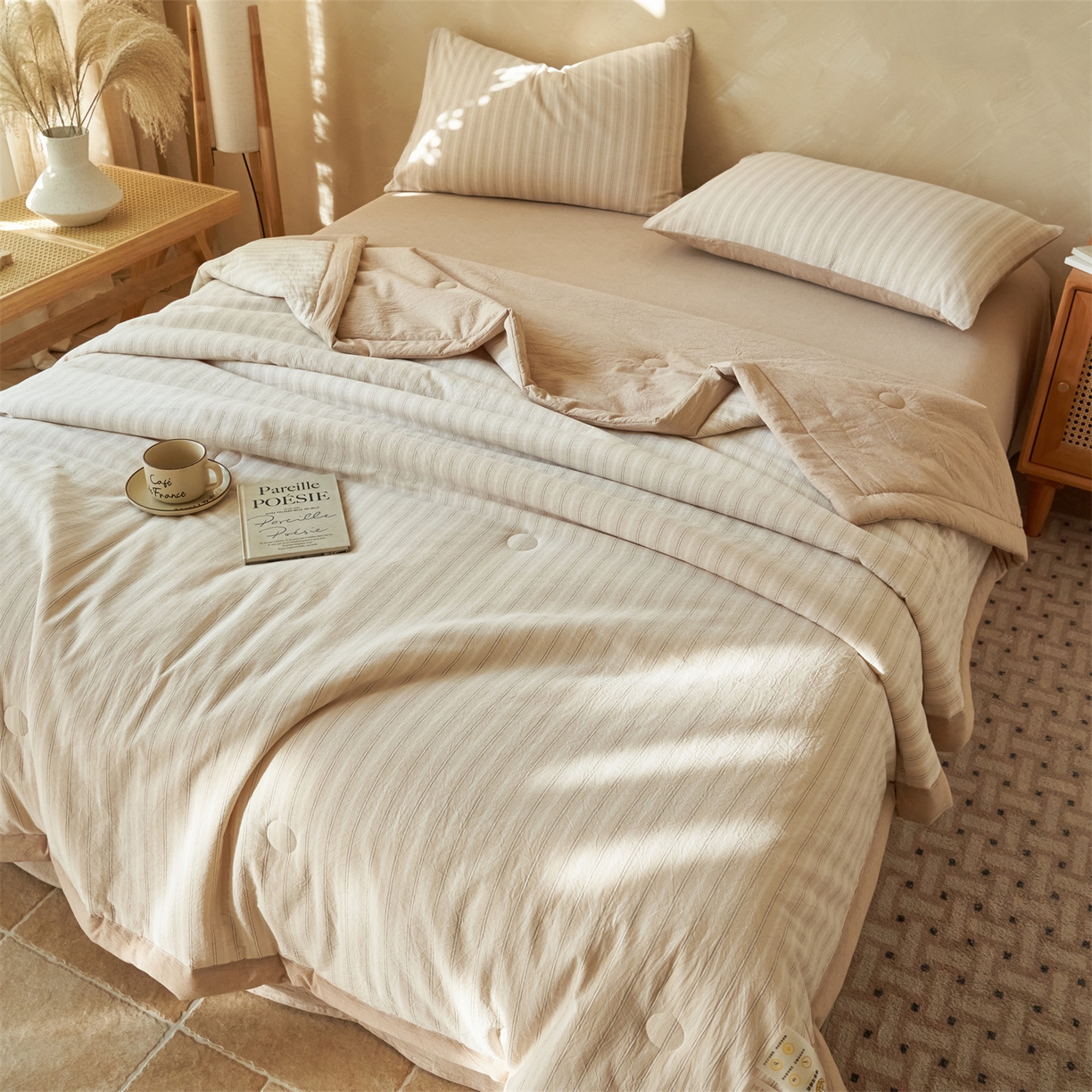 91家纺网 家纺一手货源 找家纺 恒爱家纺 2026新款A类色织全棉水洗夏被四件套 NLS乐事-米