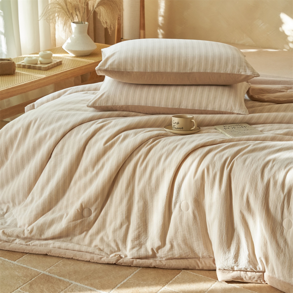 91家纺网 家纺一手货源 找家纺 恒爱家纺 2026新款A类色织全棉水洗夏被四件套 NLS乐事-米