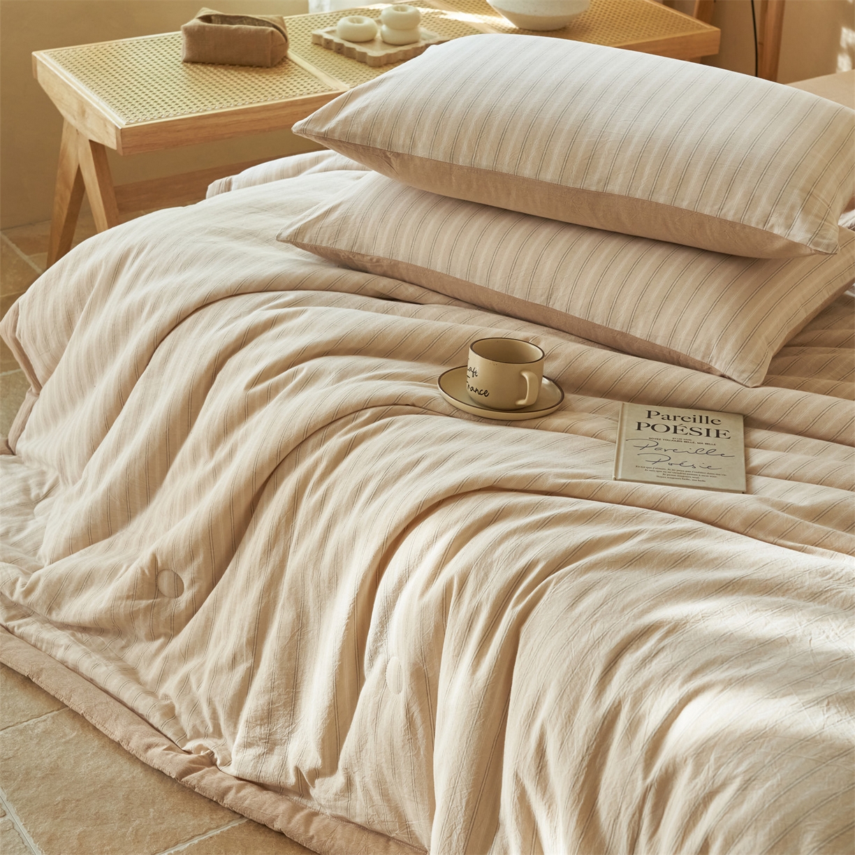 91家纺网 家纺一手货源 找家纺 恒爱家纺 2026新款A类色织全棉水洗夏被四件套 NLS乐事-米