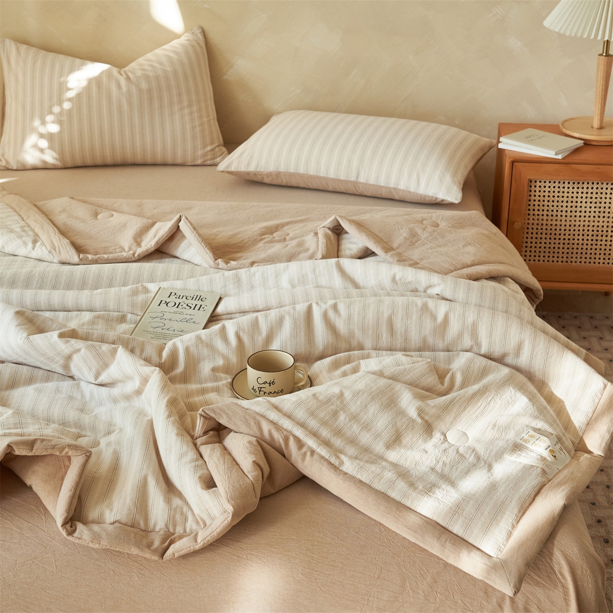 91家纺网 家纺一手货源 找家纺 恒爱家纺 2026新款A类色织全棉水洗夏被四件套 NLS乐事-米