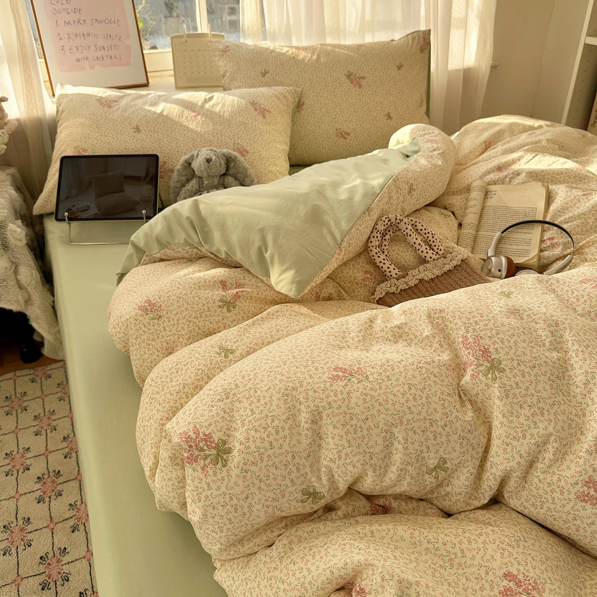 91家纺网 家纺一手货源 找家纺 初夏家纺 2026 古法仿棉水洗四件套A类被罩床单三件套床上用品卡通可爱【提供买家秀】 夕颜