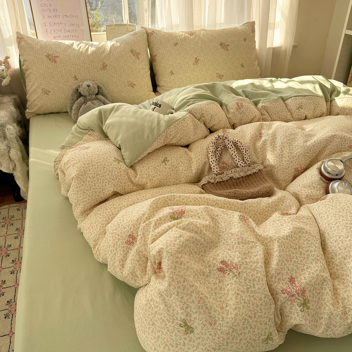 91家纺网 家纺一手货源 找家纺 初夏家纺 2026 古法仿棉水洗四件套A类被罩床单三件套床上用品卡通可爱【提供买家秀】 夕颜