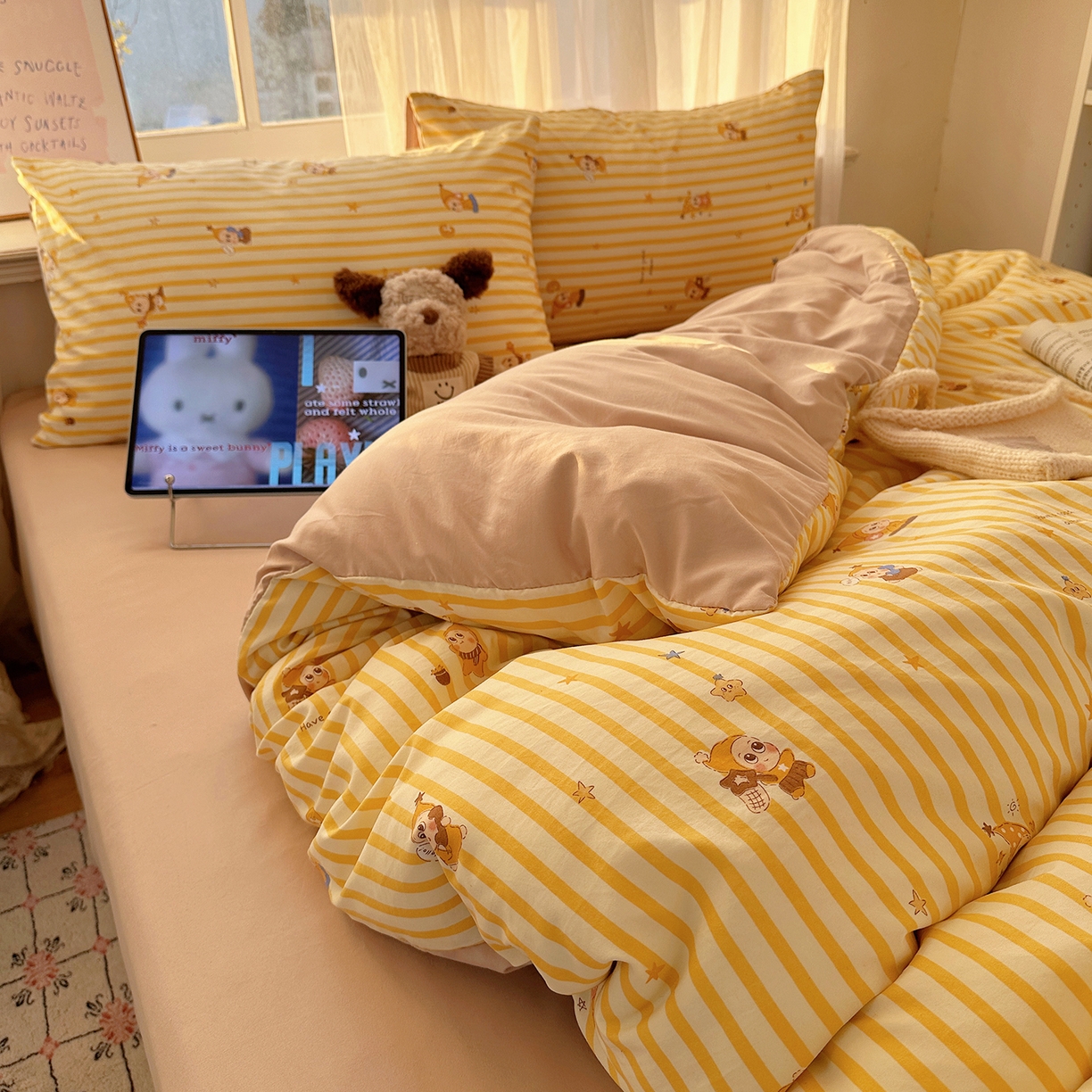 91家纺网 家纺一手货源 找家纺 初夏家纺 2026 古法仿棉水洗四件套A类被罩床单三件套床上用品卡通可爱【提供买家秀】 星仔