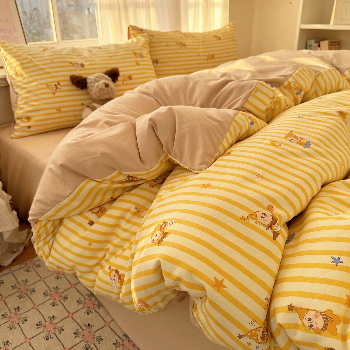 初夏家纺 2026 古法仿棉水洗四件套A类被罩床单三件套床上用品卡通可爱【提供买家秀】 星仔