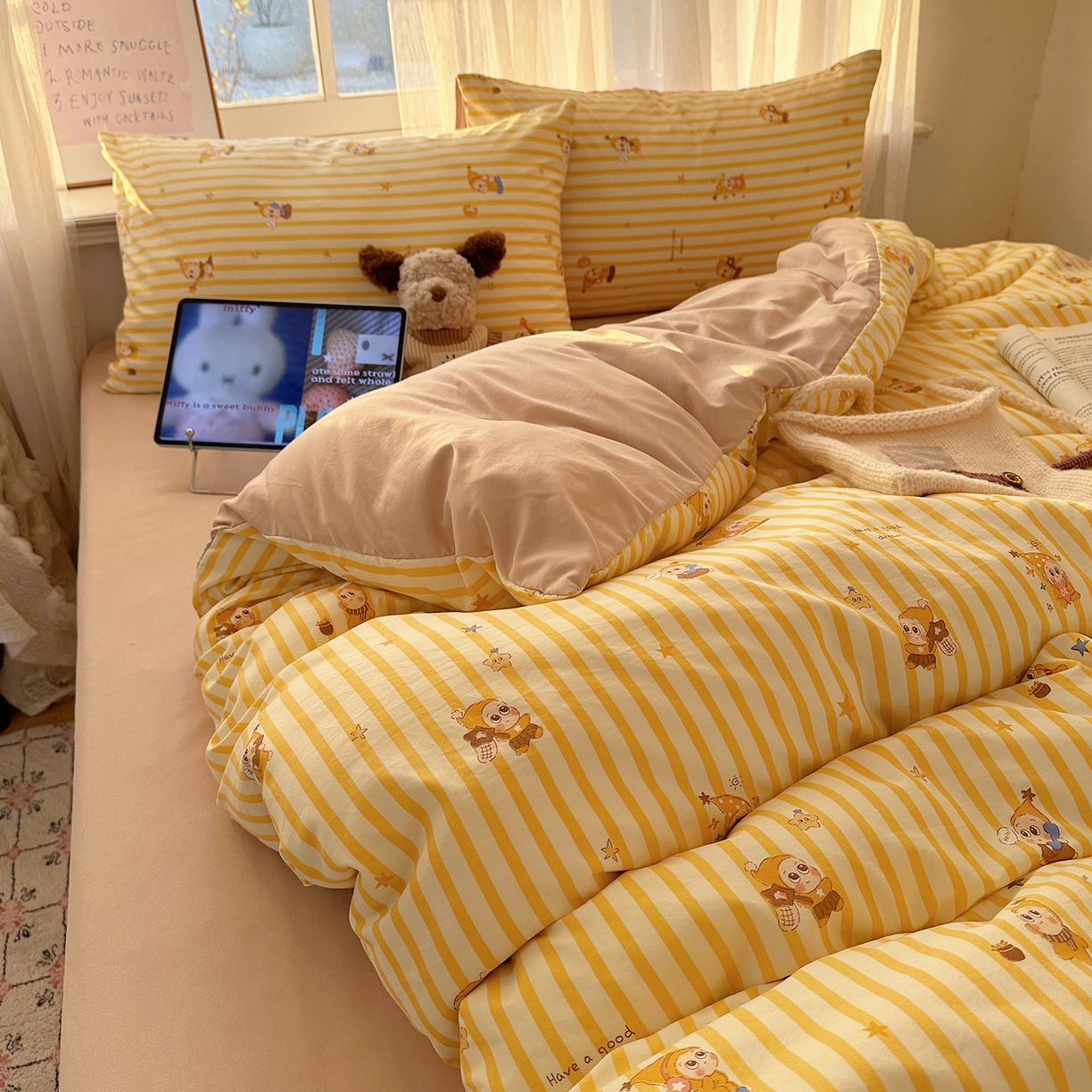 91家纺网 家纺一手货源 找家纺 初夏家纺 2026 古法仿棉水洗四件套A类被罩床单三件套床上用品卡通可爱【提供买家秀】 星仔