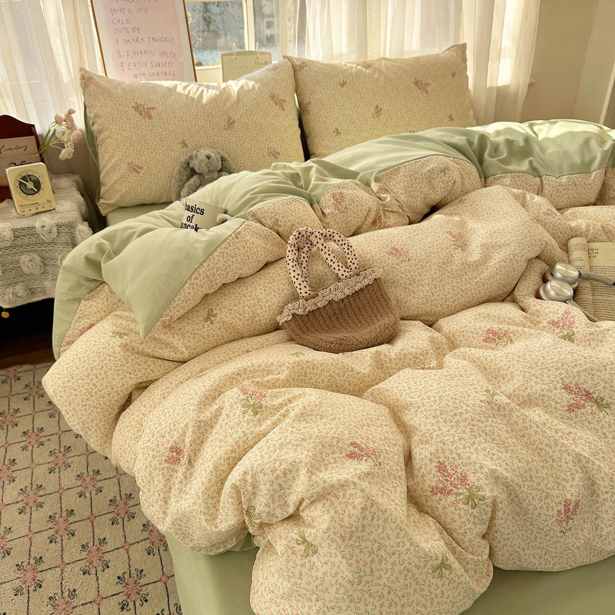 91家纺网 家纺一手货源 找家纺 初夏家纺 2026 古法仿棉水洗四件套A类被罩床单三件套床上用品卡通可爱【提供买家秀】 夕颜