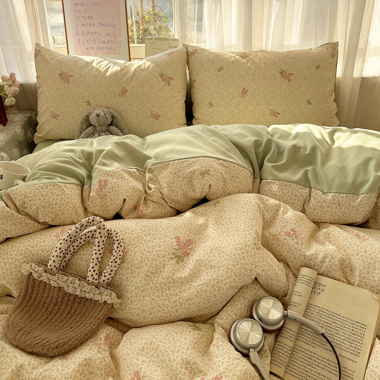 91家纺网 家纺一手货源 找家纺 初夏家纺 2026 古法仿棉水洗四件套A类被罩床单三件套床上用品卡通可爱【提供买家秀】 夕颜