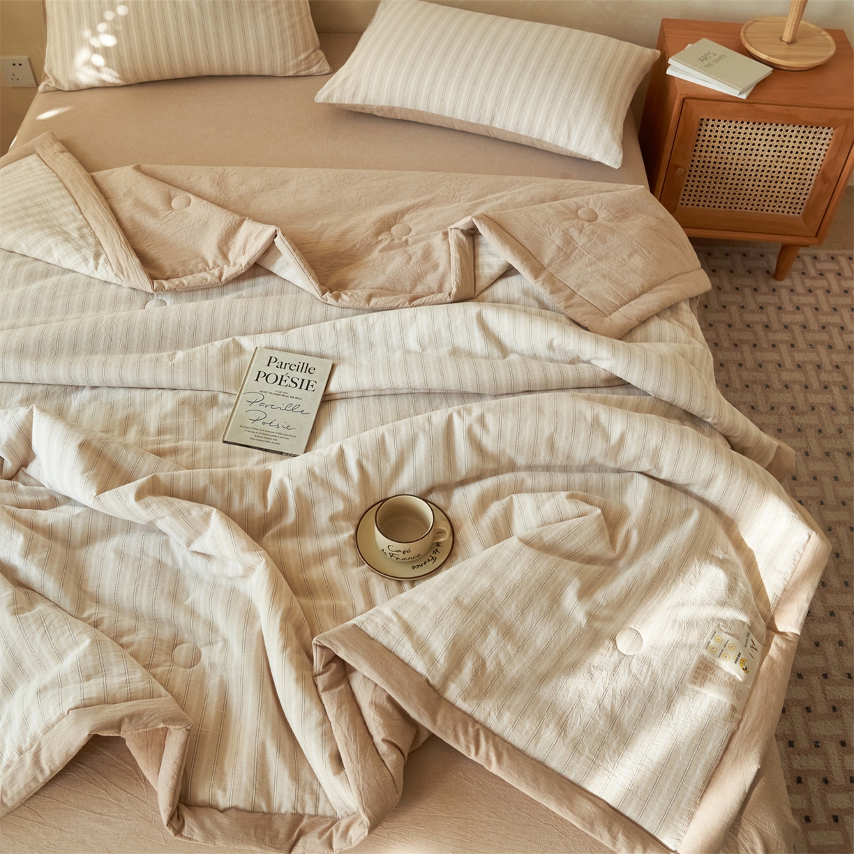 91家纺网 家纺一手货源 找家纺 恒爱家纺 2026新款A类色织全棉水洗夏被四件套 NLS乐事-米