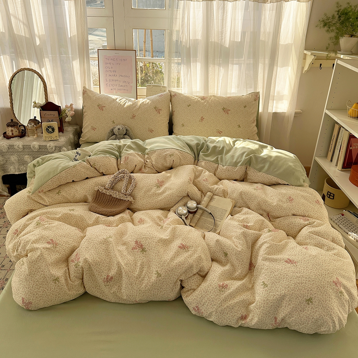 91家纺网 家纺一手货源 找家纺 初夏家纺 2026 古法仿棉水洗四件套A类被罩床单三件套床上用品卡通可爱【提供买家秀】 夕颜