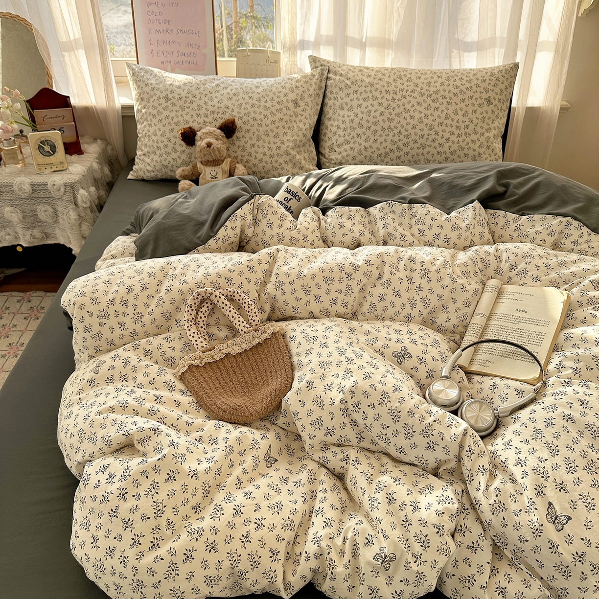 91家纺网 家纺一手货源 找家纺 初夏家纺 2026 古法仿棉水洗四件套A类被罩床单三件套床上用品卡通可爱【提供买家秀】 蝶舞