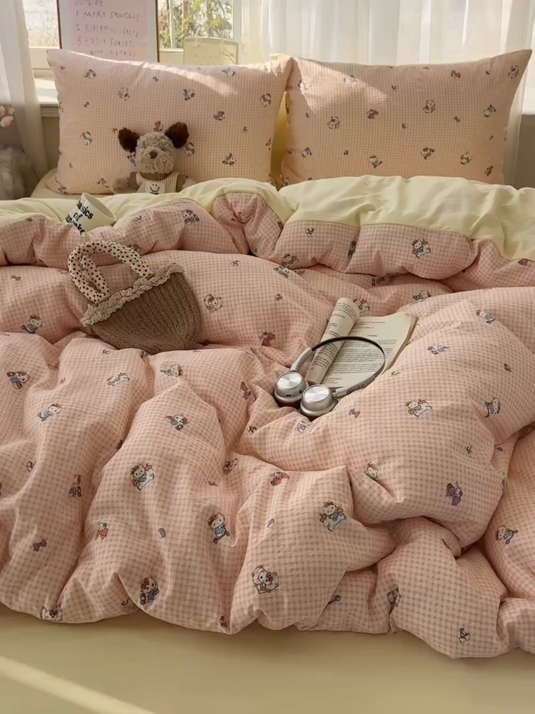 91家纺网 家纺一手货源 找家纺 初夏家纺 2026 古法仿棉水洗四件套A类被罩床单三件套床上用品卡通可爱【提供买家秀】 格恋KT猫