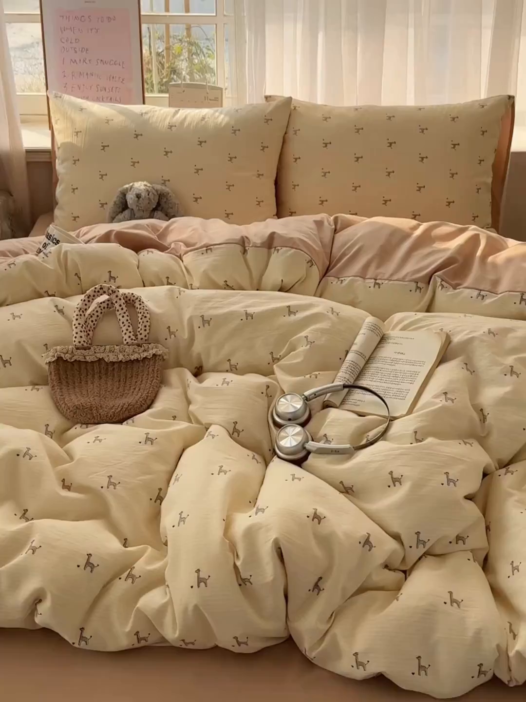 91家纺网 家纺一手货源 找家纺 初夏家纺 2026 古法仿棉水洗四件套A类被罩床单三件套床上用品卡通可爱【提供买家秀】 线条长颈鹿