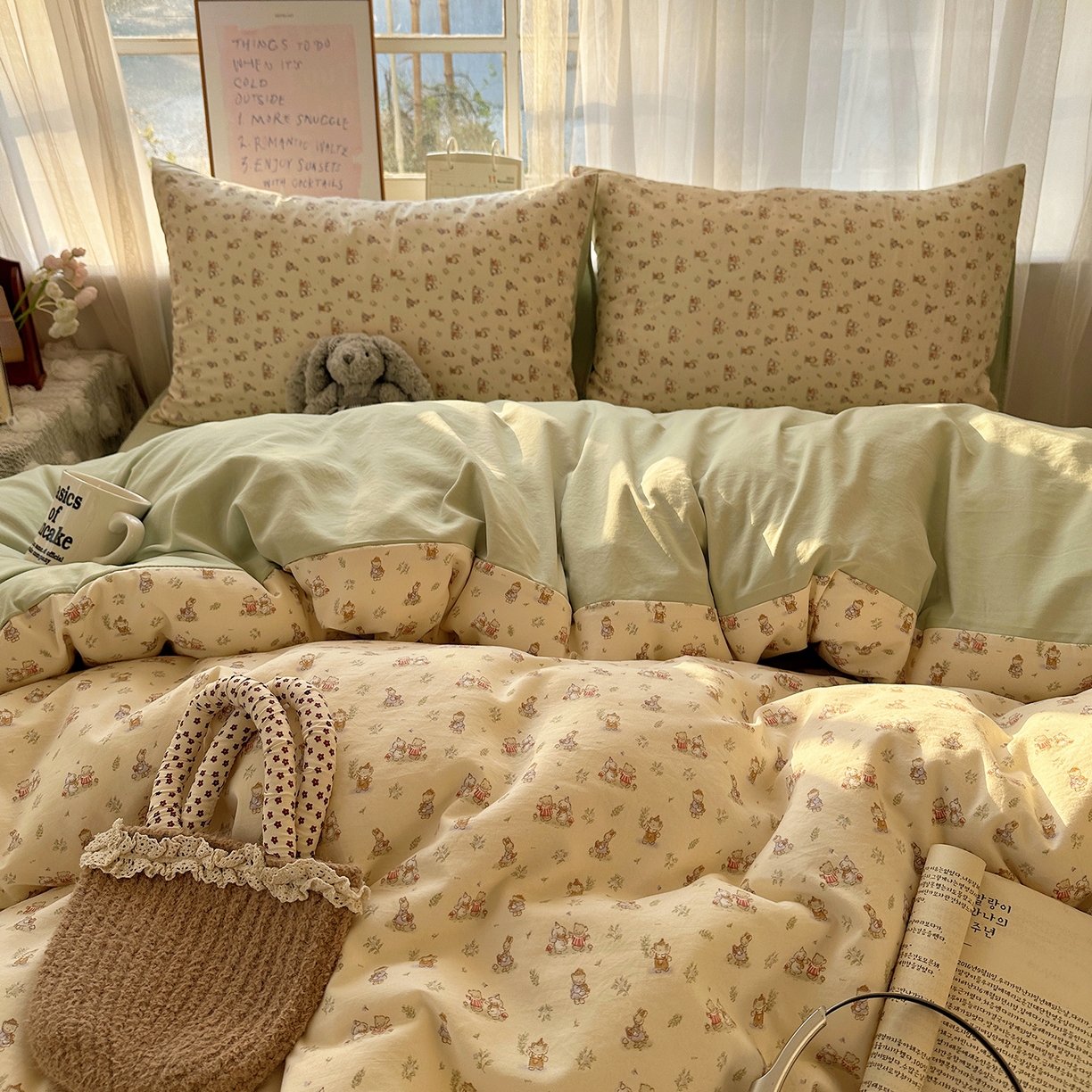 91家纺网 家纺一手货源 找家纺 初夏家纺 2026 古法仿棉水洗四件套A类被罩床单三件套床上用品卡通可爱【提供买家秀】 森林小伙伴