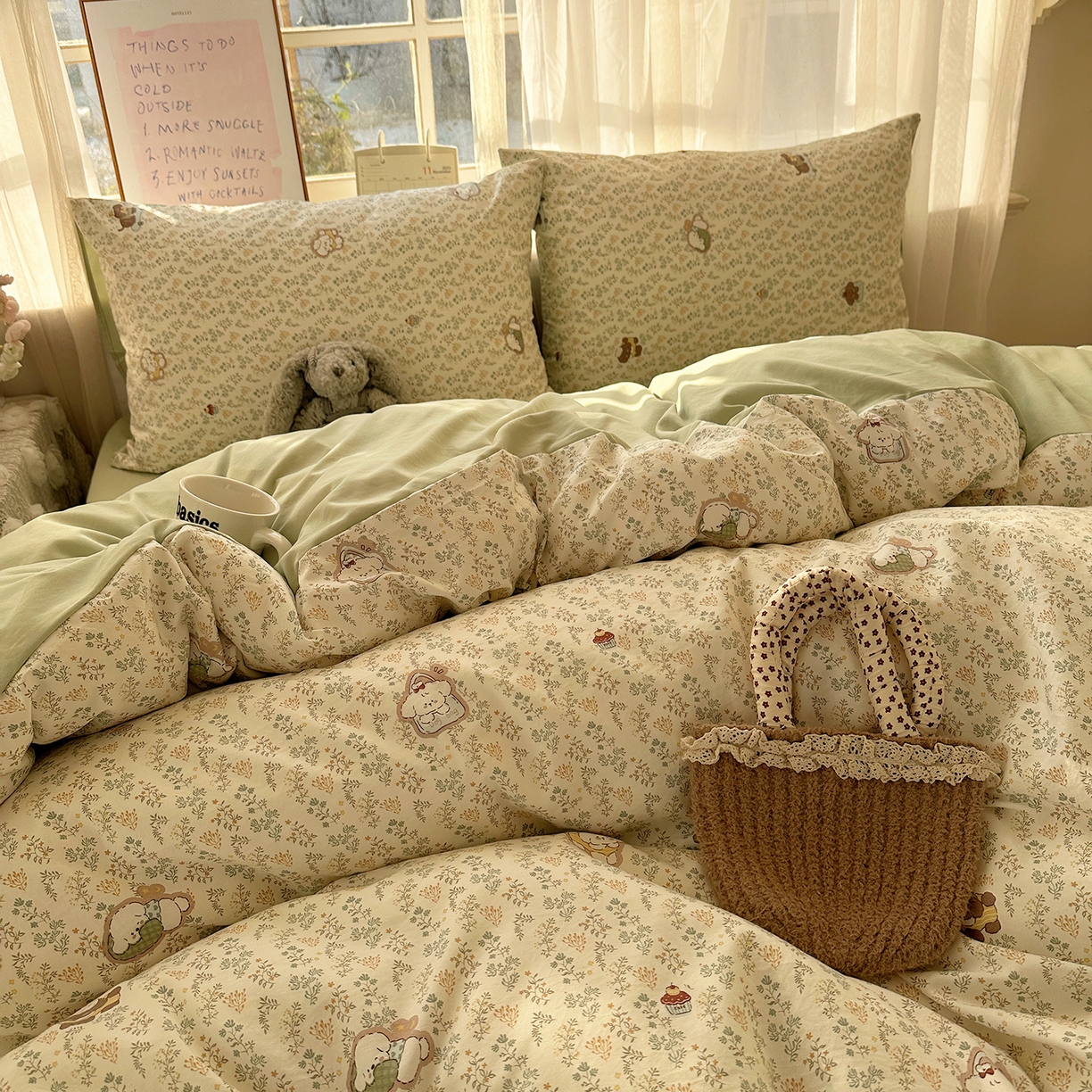 91家纺网 家纺一手货源 找家纺 初夏家纺 2026 古法仿棉水洗四件套A类被罩床单三件套床上用品卡通可爱【提供买家秀】 碎花狗