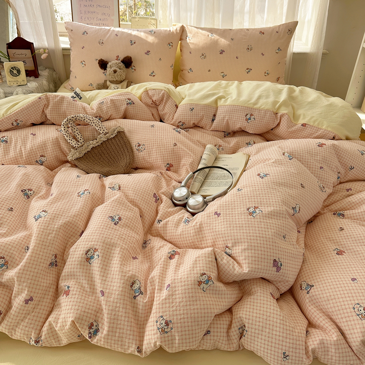 91家纺网 家纺一手货源 找家纺 初夏家纺 2026 古法仿棉水洗四件套A类被罩床单三件套床上用品卡通可爱【提供买家秀】 格恋KT猫