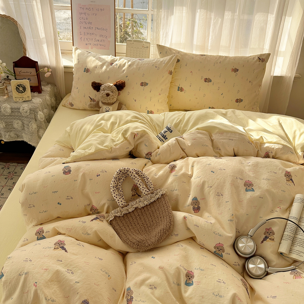 91家纺网 家纺一手货源 找家纺 初夏家纺 2026 古法仿棉水洗四件套A类被罩床单三件套床上用品卡通可爱【提供买家秀】 音乐狗