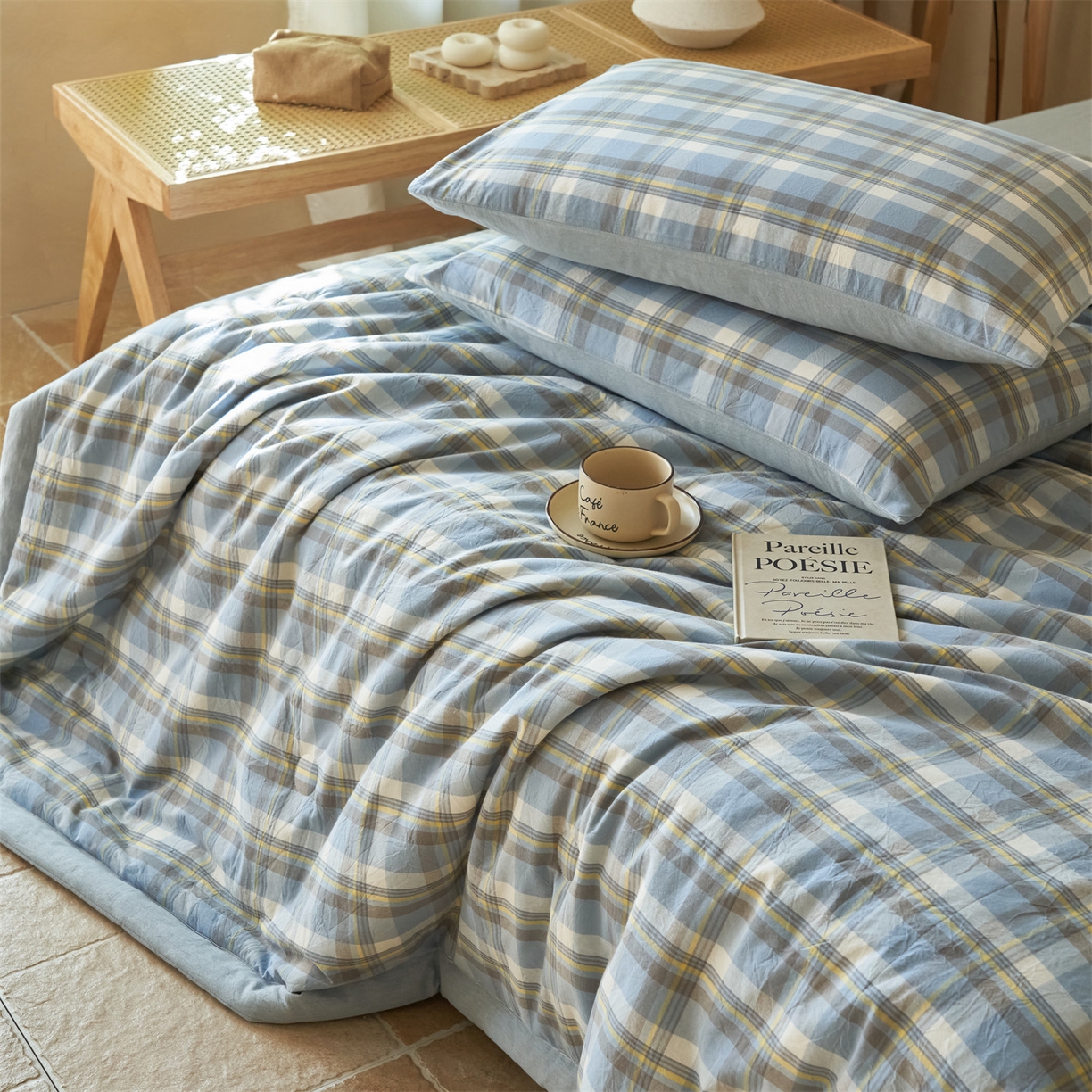 91家纺网 家纺一手货源 找家纺 恒爱家纺 2026新款A类色织全棉水洗夏被四件套 NLS莫尼-蓝