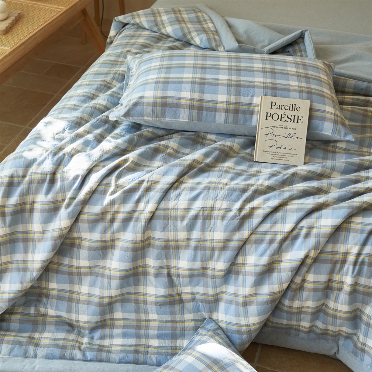 91家纺网 家纺一手货源 找家纺 恒爱家纺 2026新款A类色织全棉水洗夏被四件套 NLS莫尼-蓝