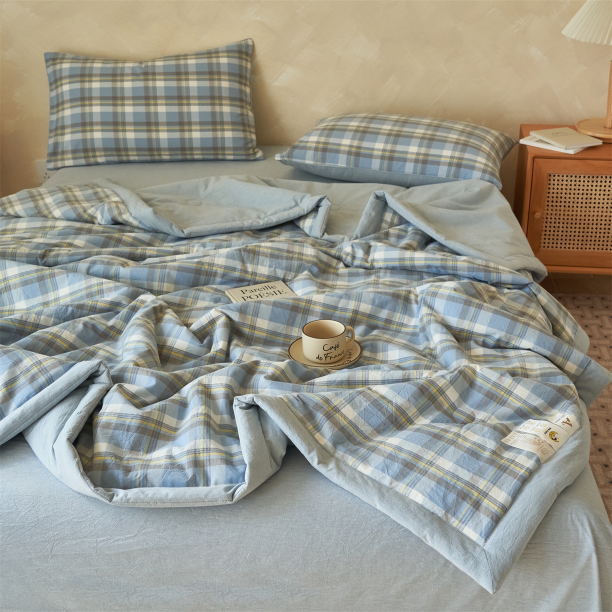 91家纺网 家纺一手货源 找家纺 恒爱家纺 2026新款A类色织全棉水洗夏被四件套 NLS莫尼-蓝