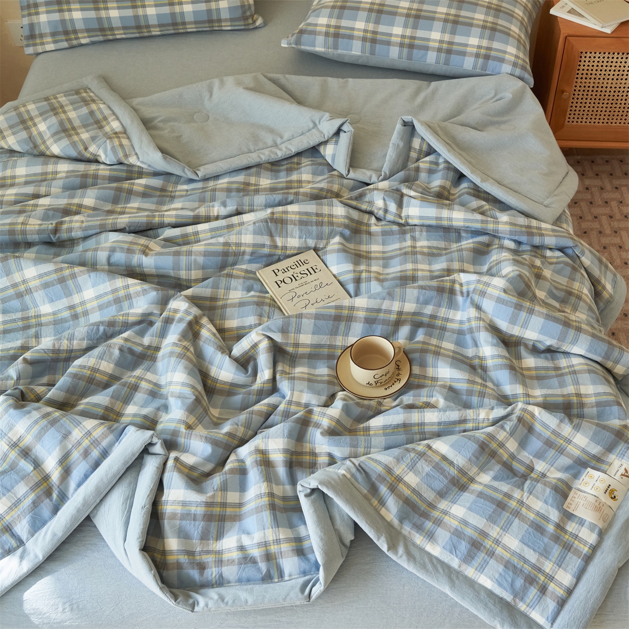 91家纺网 家纺一手货源 找家纺 恒爱家纺 2026新款A类色织全棉水洗夏被四件套 NLS莫尼-蓝