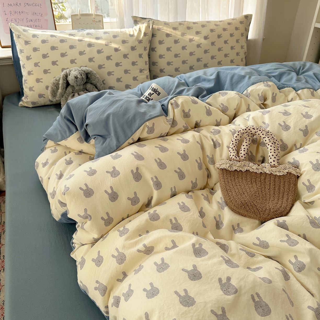 91家纺网 家纺一手货源 找家纺 初夏家纺 2026 古法仿棉水洗四件套A类被罩床单三件套床上用品卡通可爱【提供买家秀】 火爆兔