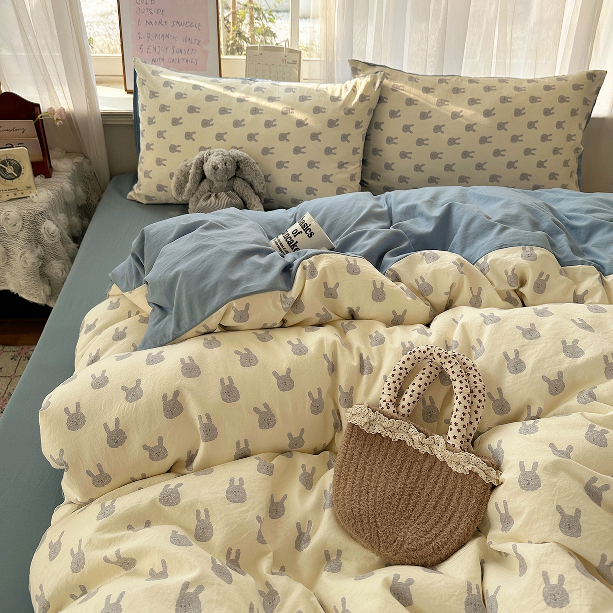 91家纺网 家纺一手货源 找家纺 初夏家纺 2026 古法仿棉水洗四件套A类被罩床单三件套床上用品卡通可爱【提供买家秀】 火爆兔