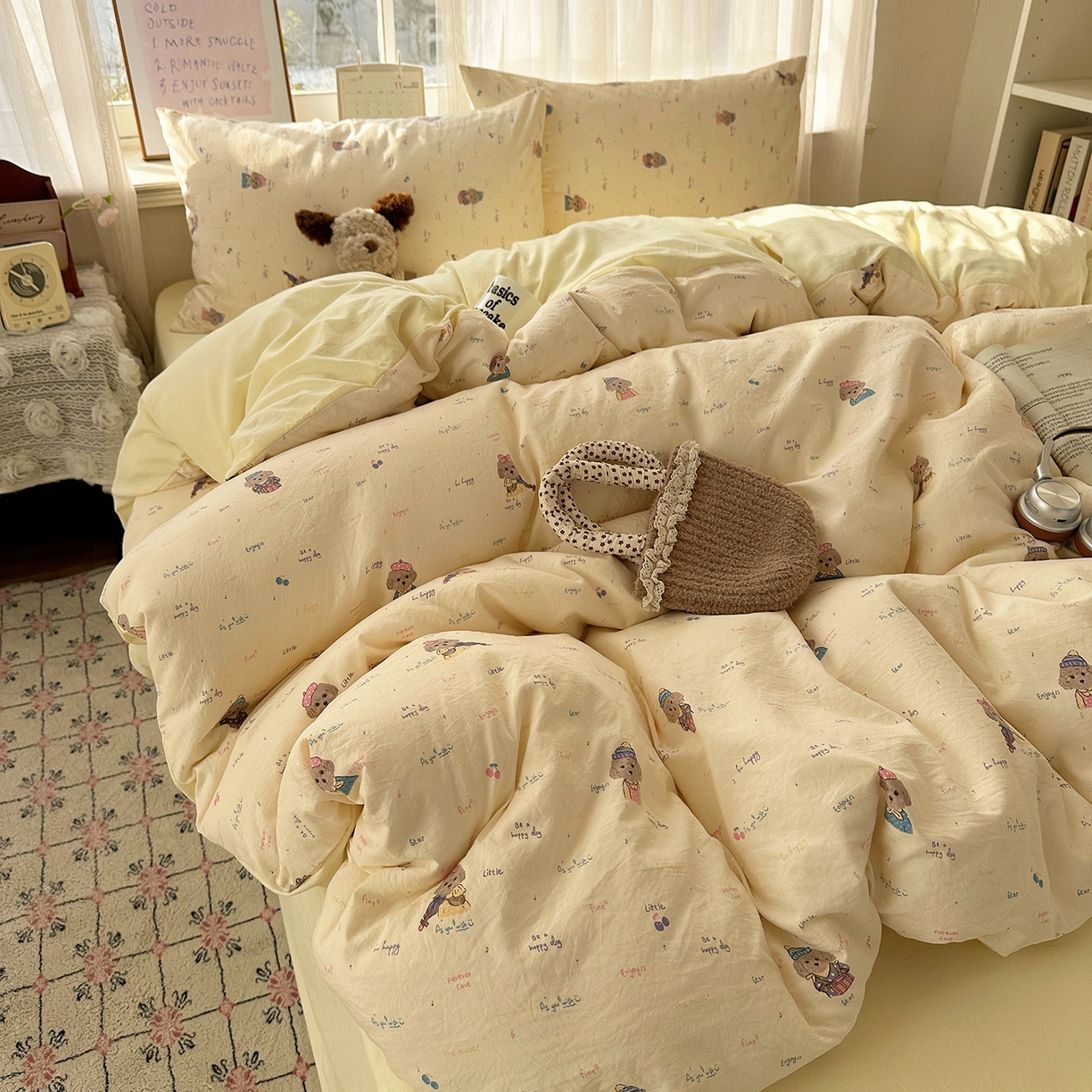 91家纺网 家纺一手货源 找家纺 初夏家纺 2026 古法仿棉水洗四件套A类被罩床单三件套床上用品卡通可爱【提供买家秀】 音乐狗