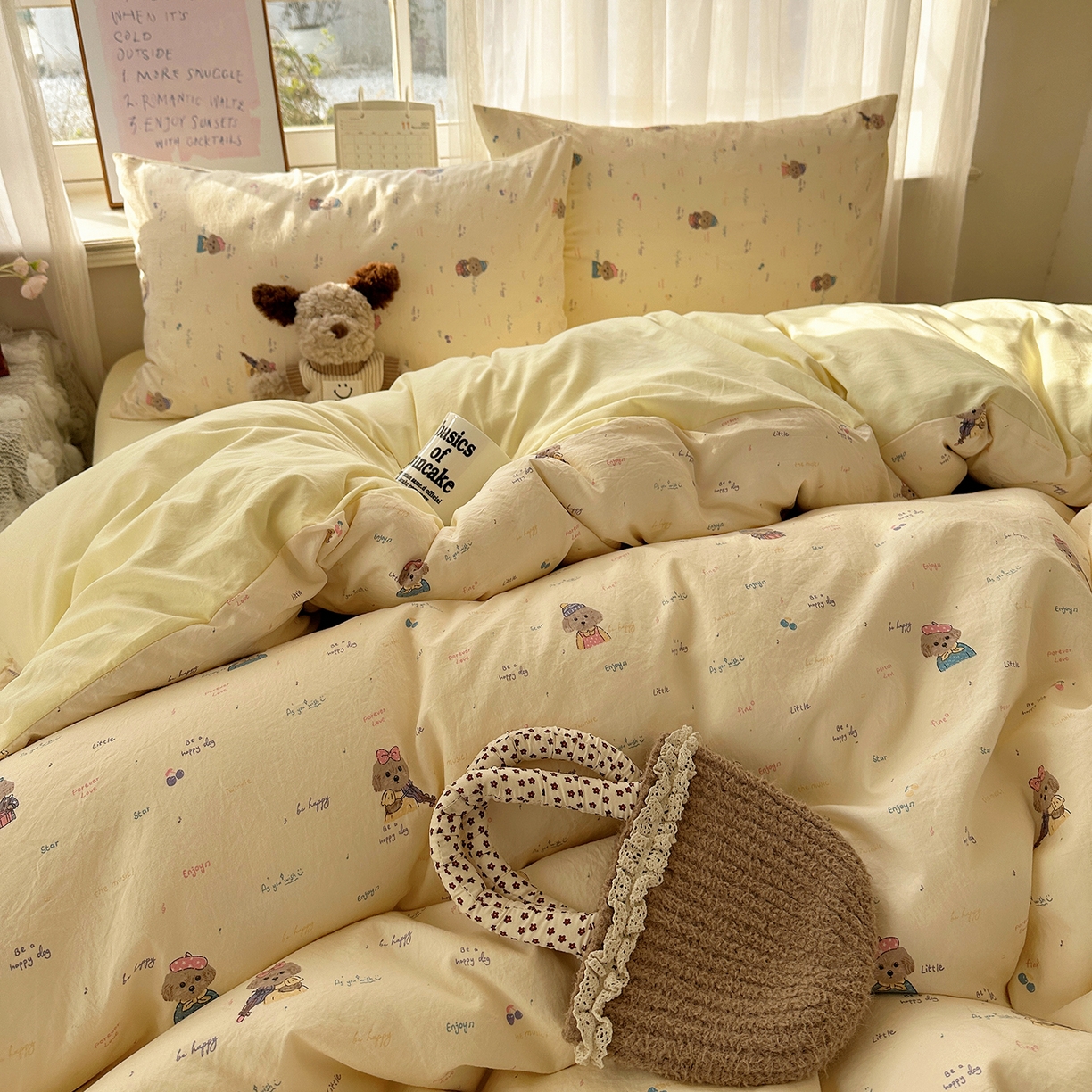 91家纺网 家纺一手货源 找家纺 初夏家纺 2026 古法仿棉水洗四件套A类被罩床单三件套床上用品卡通可爱【提供买家秀】 音乐狗