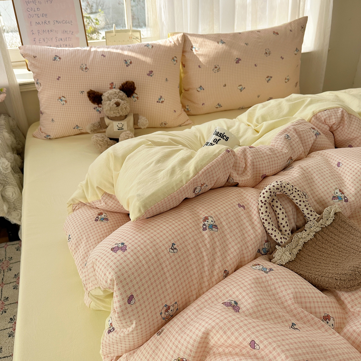 91家纺网 家纺一手货源 找家纺 初夏家纺 2026 古法仿棉水洗四件套A类被罩床单三件套床上用品卡通可爱【提供买家秀】 格恋KT猫