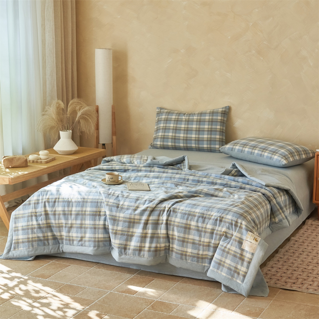 91家纺网 家纺一手货源 找家纺 恒爱家纺 2026新款A类色织全棉水洗夏被四件套 NLS莫尼-蓝