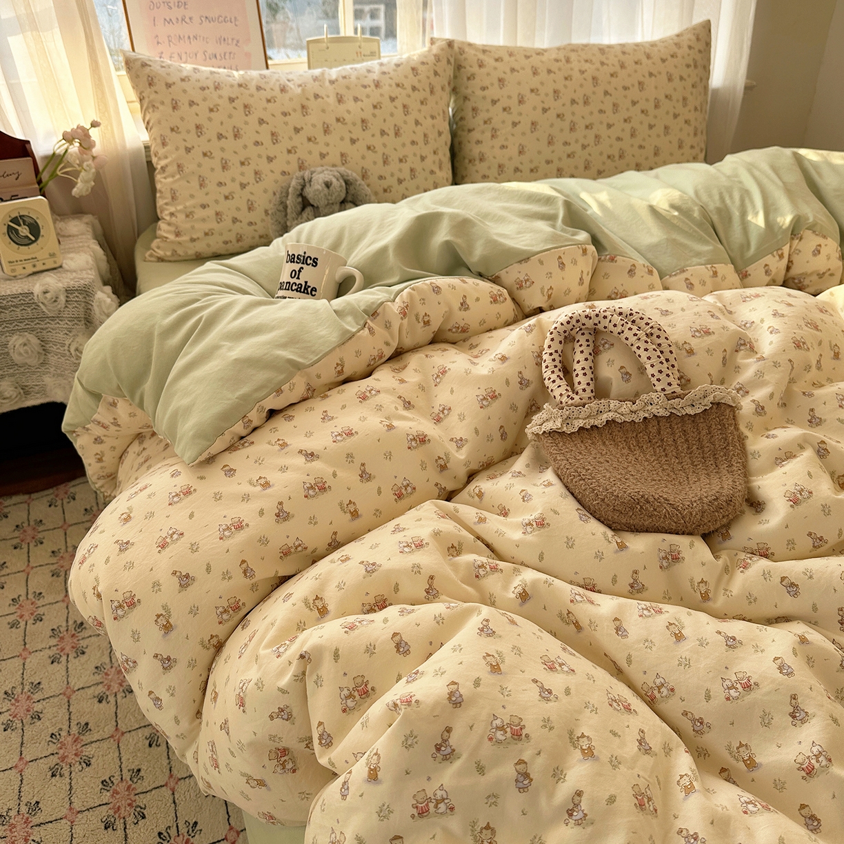 91家纺网 家纺一手货源 找家纺 初夏家纺 2026 古法仿棉水洗四件套A类被罩床单三件套床上用品卡通可爱【提供买家秀】 森林小伙伴