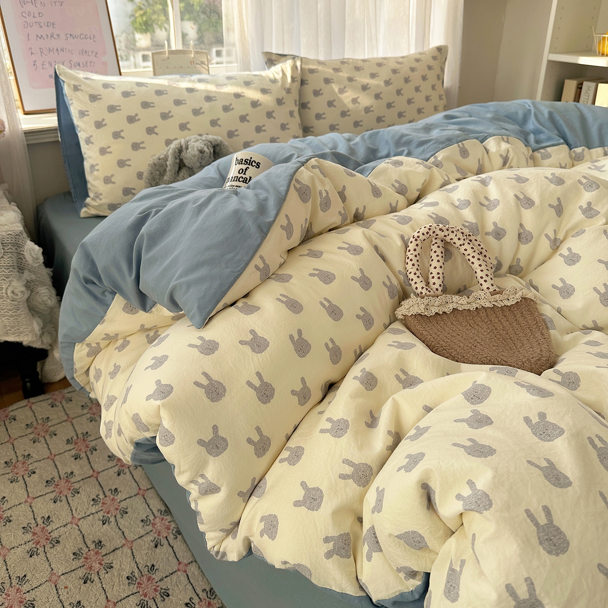 91家纺网 家纺一手货源 找家纺 初夏家纺 2026 古法仿棉水洗四件套A类被罩床单三件套床上用品卡通可爱【提供买家秀】 火爆兔