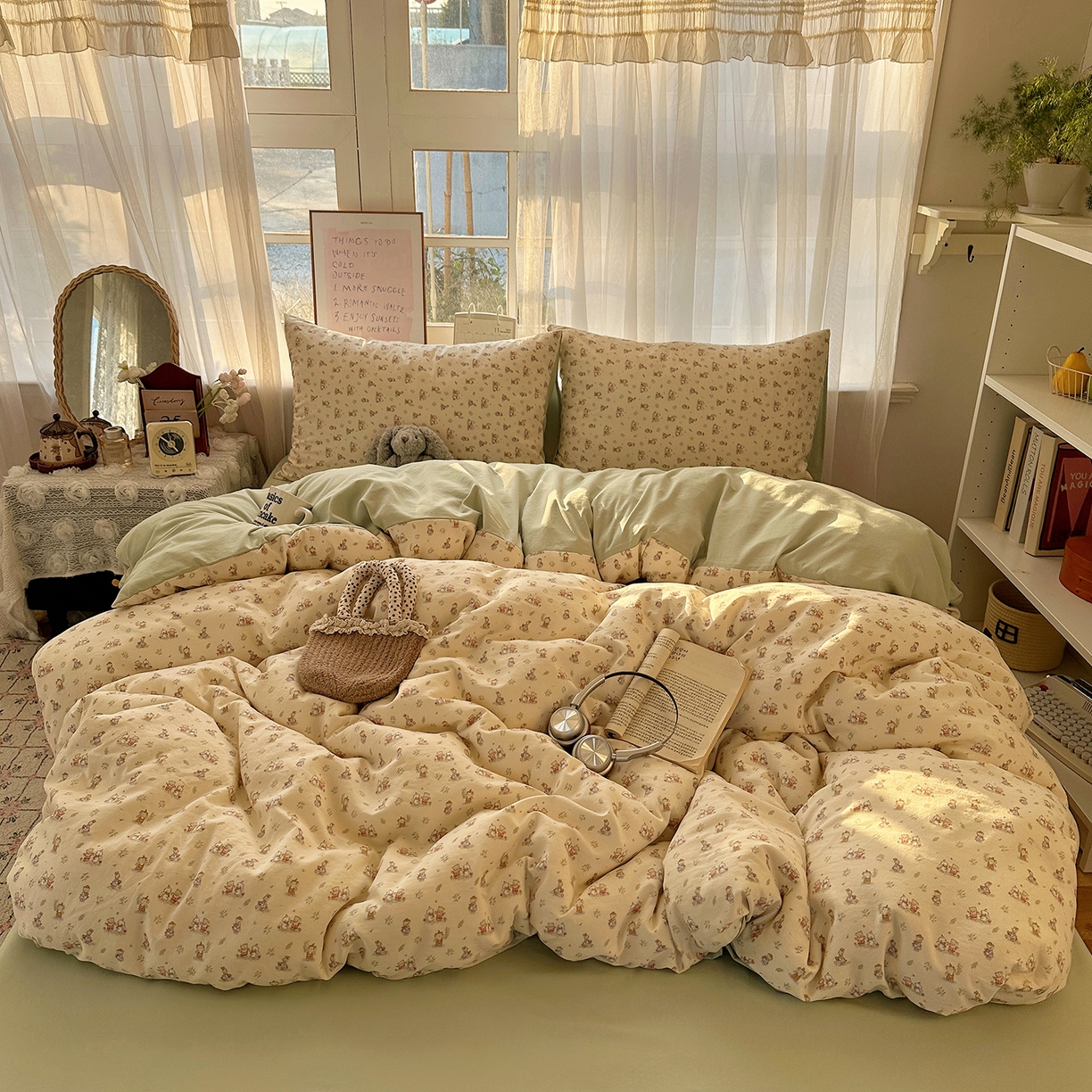 91家纺网 家纺一手货源 找家纺 初夏家纺 2026 古法仿棉水洗四件套A类被罩床单三件套床上用品卡通可爱【提供买家秀】 森林小伙伴