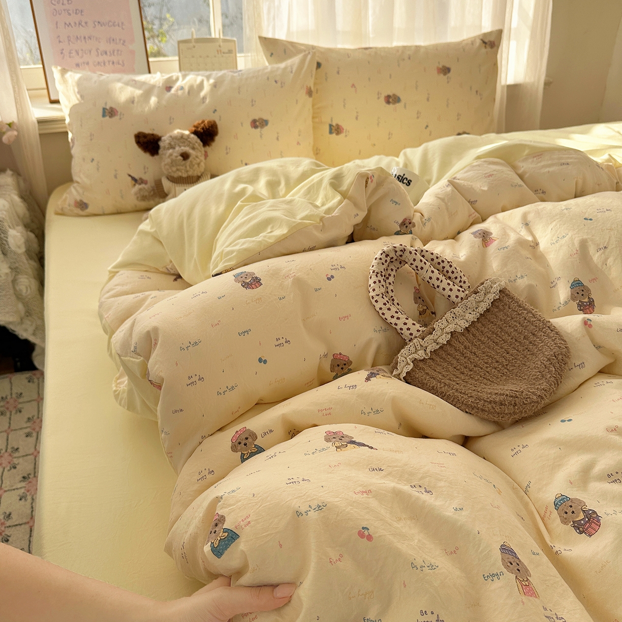 91家纺网 家纺一手货源 找家纺 初夏家纺 2026 古法仿棉水洗四件套A类被罩床单三件套床上用品卡通可爱【提供买家秀】 音乐狗