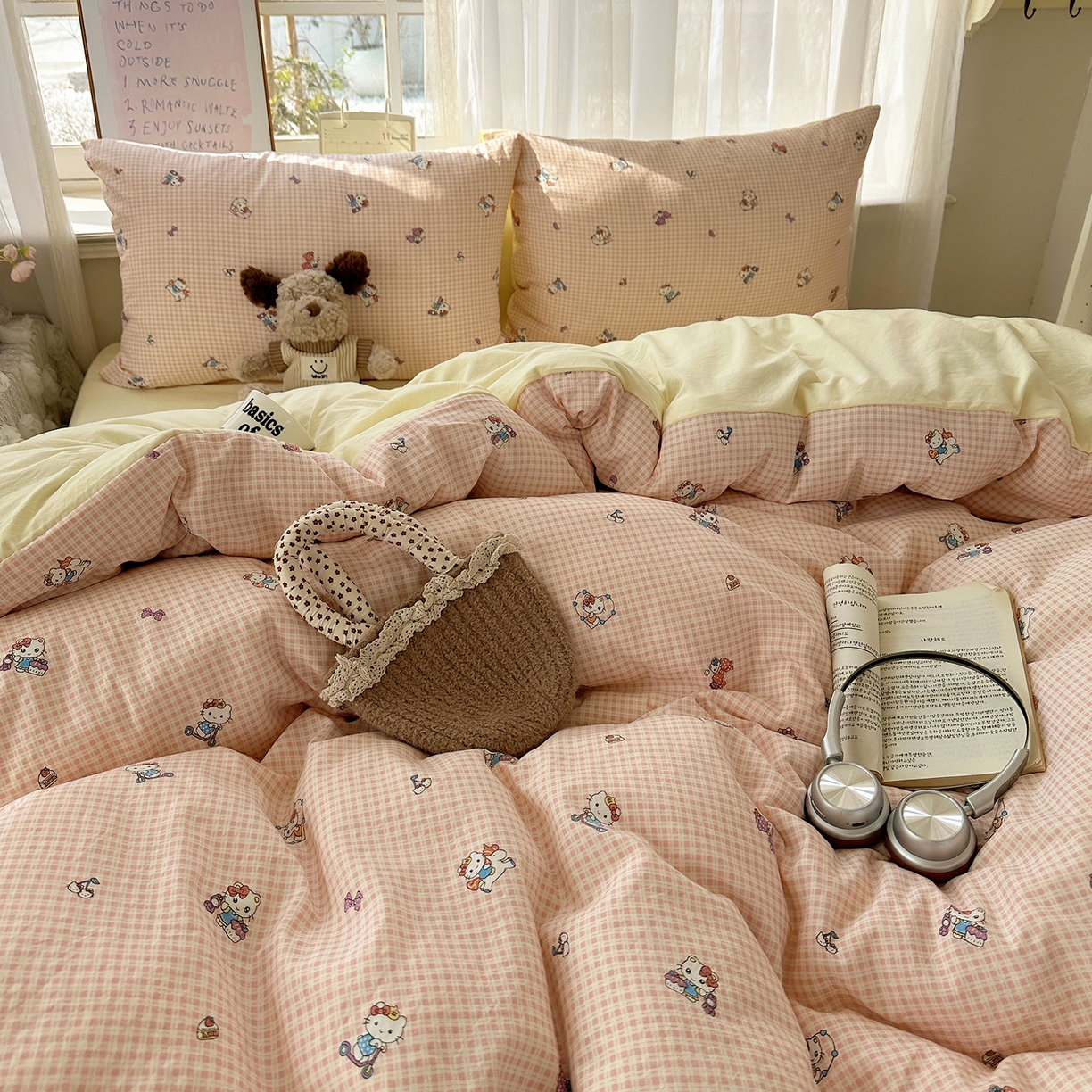 91家纺网 家纺一手货源 找家纺 初夏家纺 2026 古法仿棉水洗四件套A类被罩床单三件套床上用品卡通可爱【提供买家秀】 格恋KT猫