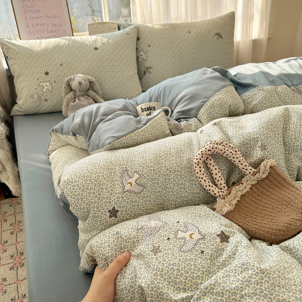 91家纺网 家纺一手货源 找家纺 初夏家纺 2026 古法仿棉水洗四件套A类被罩床单三件套床上用品卡通可爱【提供买家秀】 和平鸽