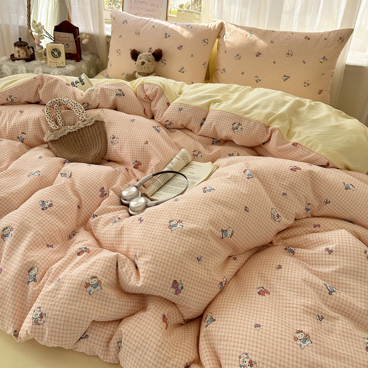 91家纺网 家纺一手货源 找家纺 初夏家纺 2026 古法仿棉水洗四件套A类被罩床单三件套床上用品卡通可爱【提供买家秀】 格恋KT猫