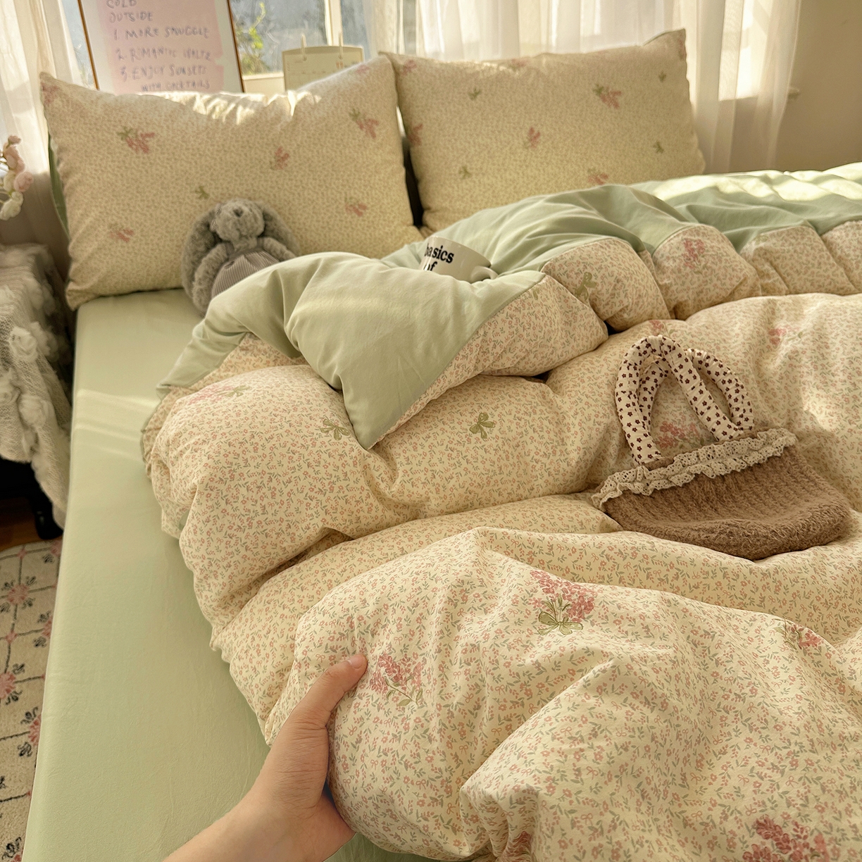 91家纺网 家纺一手货源 找家纺 初夏家纺 2026 古法仿棉水洗四件套A类被罩床单三件套床上用品卡通可爱【提供买家秀】 夕颜