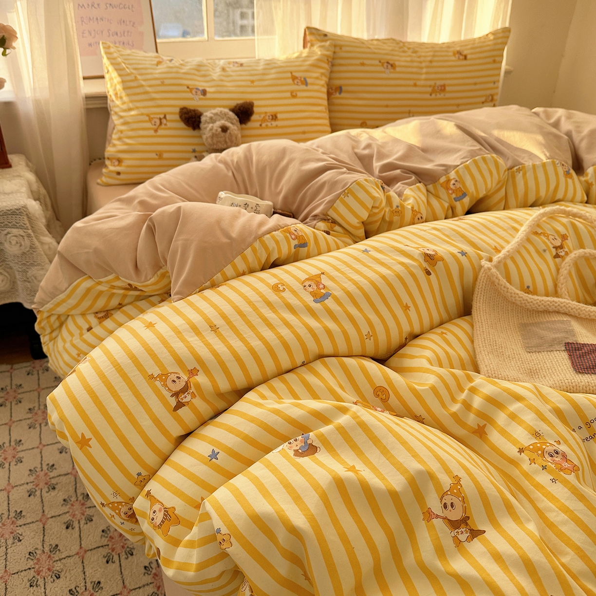 91家纺网 家纺一手货源 找家纺 初夏家纺 2026 古法仿棉水洗四件套A类被罩床单三件套床上用品卡通可爱【提供买家秀】 星仔