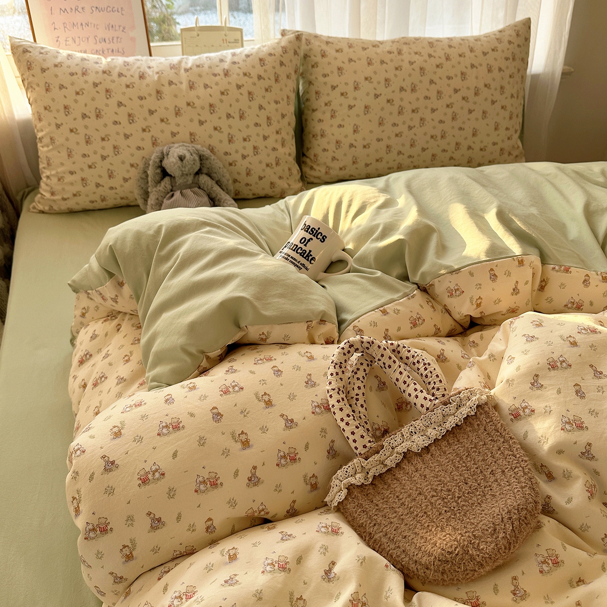 91家纺网 家纺一手货源 找家纺 初夏家纺 2026 古法仿棉水洗四件套A类被罩床单三件套床上用品卡通可爱【提供买家秀】 森林小伙伴