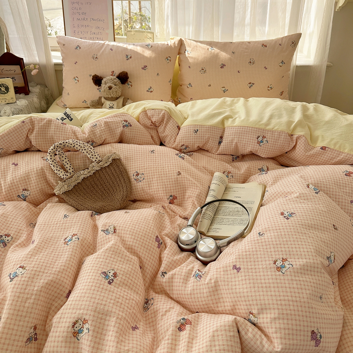 91家纺网 家纺一手货源 找家纺 初夏家纺 2026 古法仿棉水洗四件套A类被罩床单三件套床上用品卡通可爱【提供买家秀】 格恋KT猫