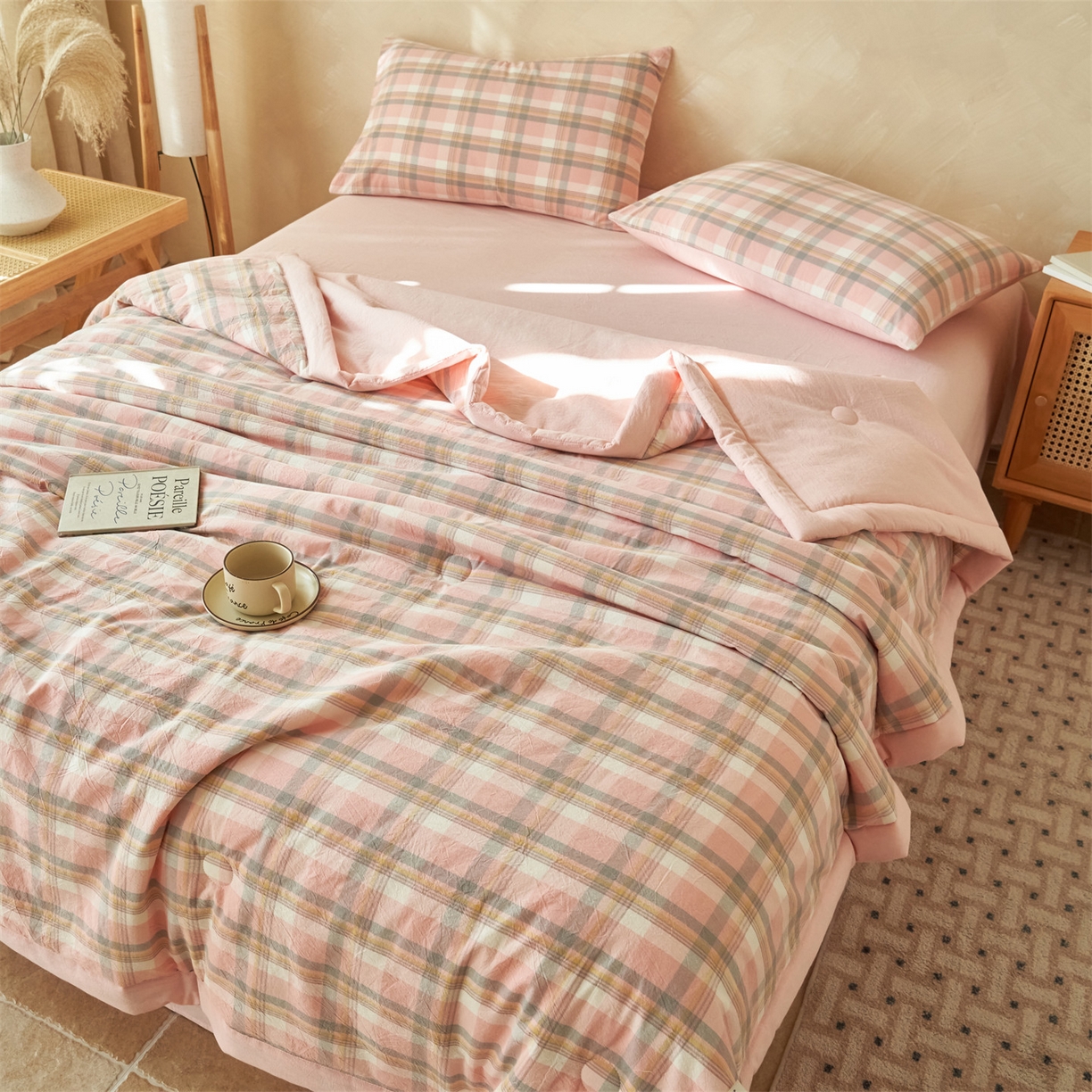 91家纺网 家纺一手货源 找家纺 恒爱家纺 2026新款A类色织全棉水洗夏被四件套 NLS莫尼-玉